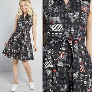 ModCloth Community Brunch Parisian Collared Dress Black Size Large With Belt